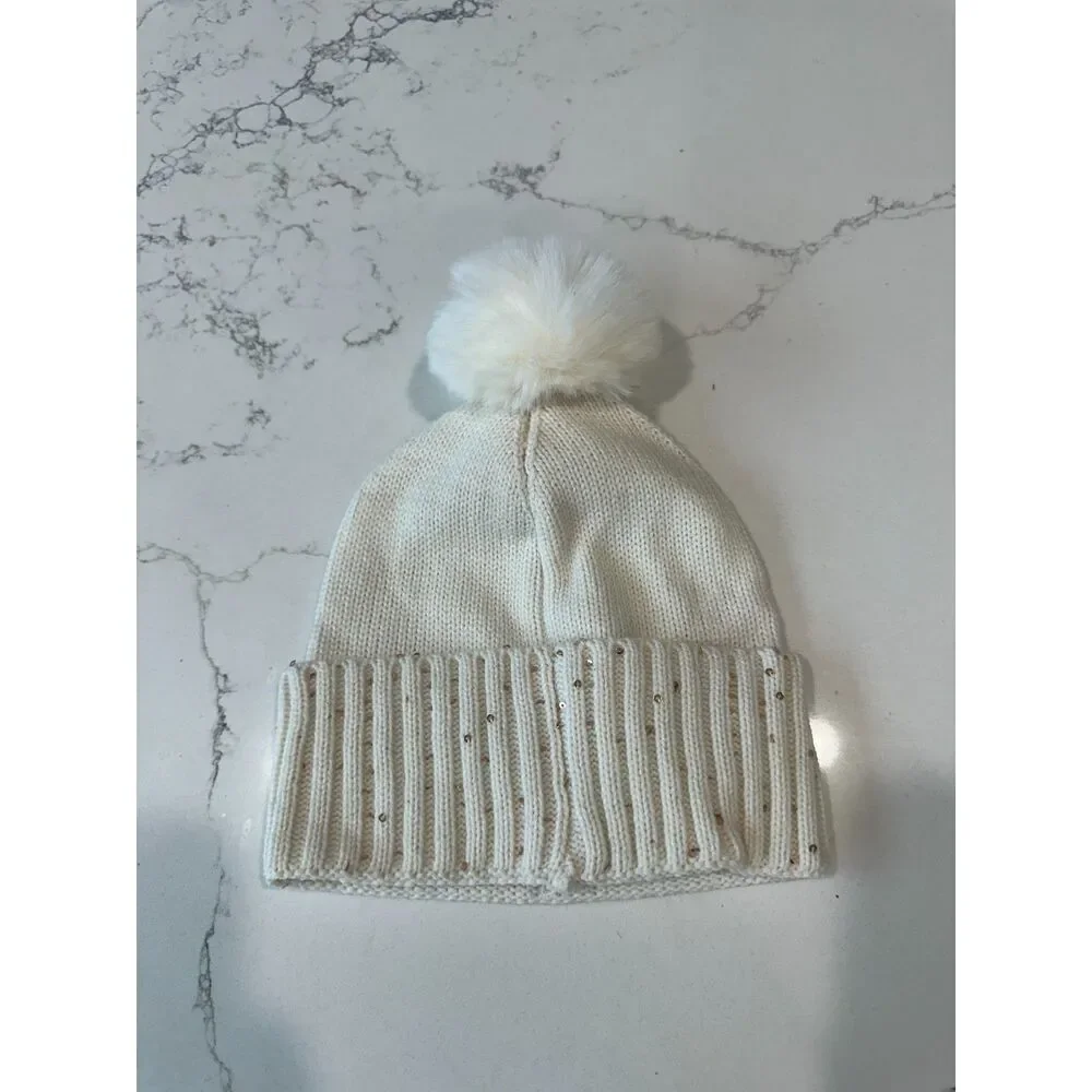 Anne Klein White Sequin Faux Fur Pom Beanie Hat